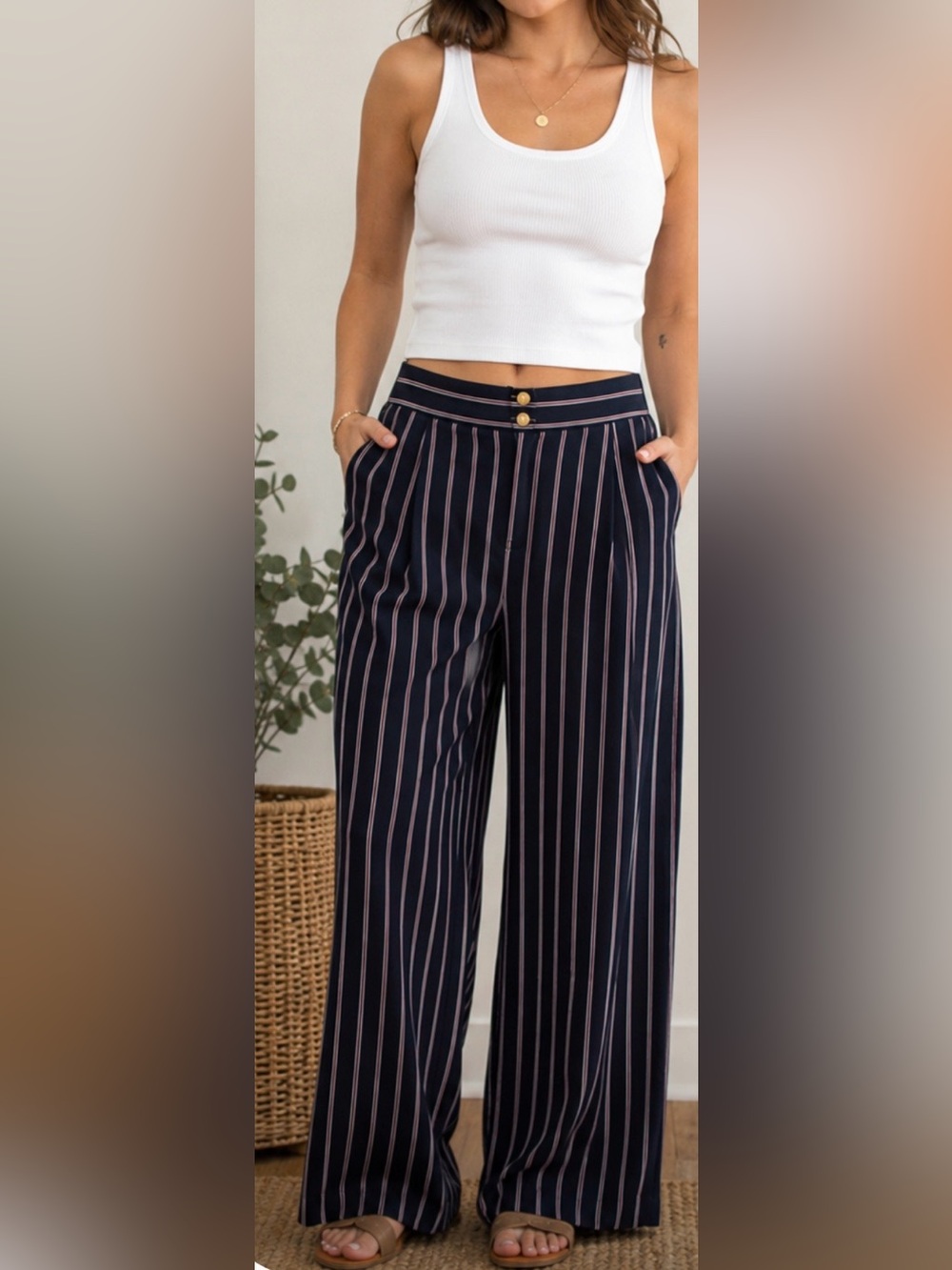 NWT Adrianna Papell Navy Pinstripe Wide Leg Soft Pants Size 10